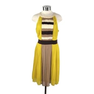 RYU Sleeveless Chiffon Halter Neck Pleated Fit & Flare Dress Size L Mustard